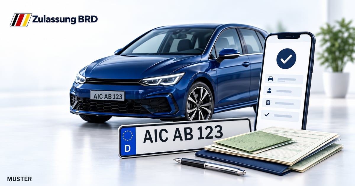 Online Fahrzeugzulassung in Landkreis Aichach-Friedberg: Musterkennzeichen AIC AB 123, Auto und Fahrzeugpapiere und Smartphone. Illustration mit Logo von Zulassung BRD.